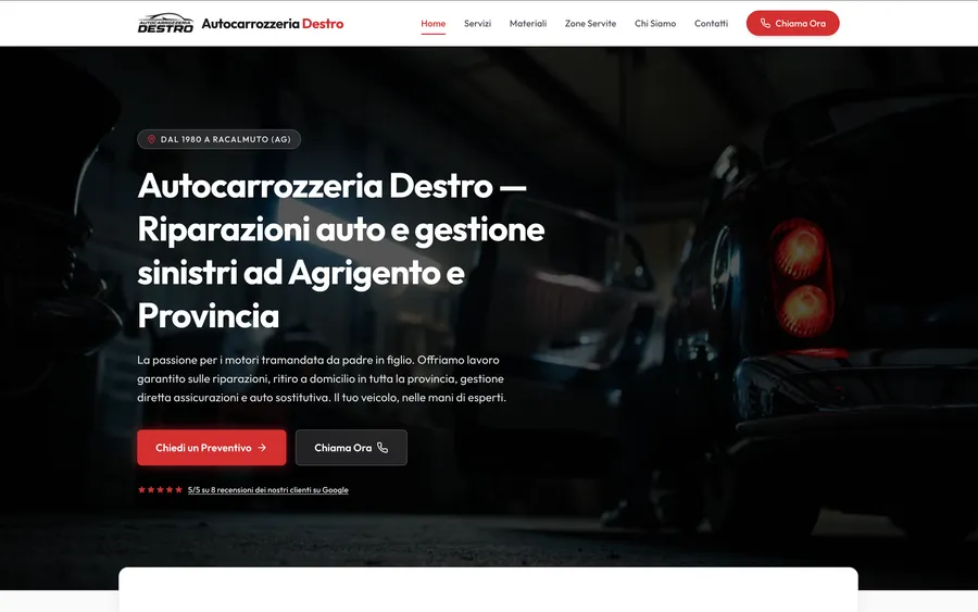 Homepage del sito di Autocarrozzeria Destro con i pulsanti per chiedere un preventivo e chiamare