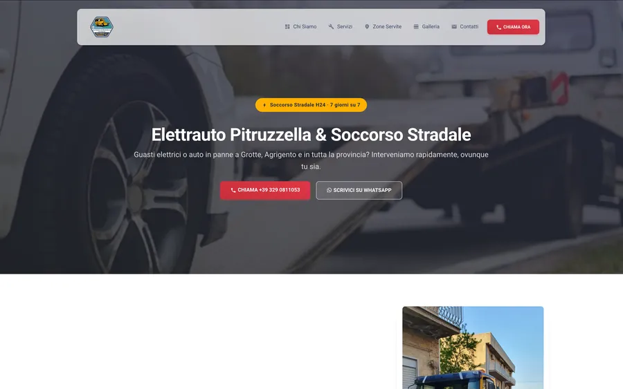 Homepage del sito Elettrauto Pitruzzella con i pulsanti per chiamare e scrivere su WhatsApp