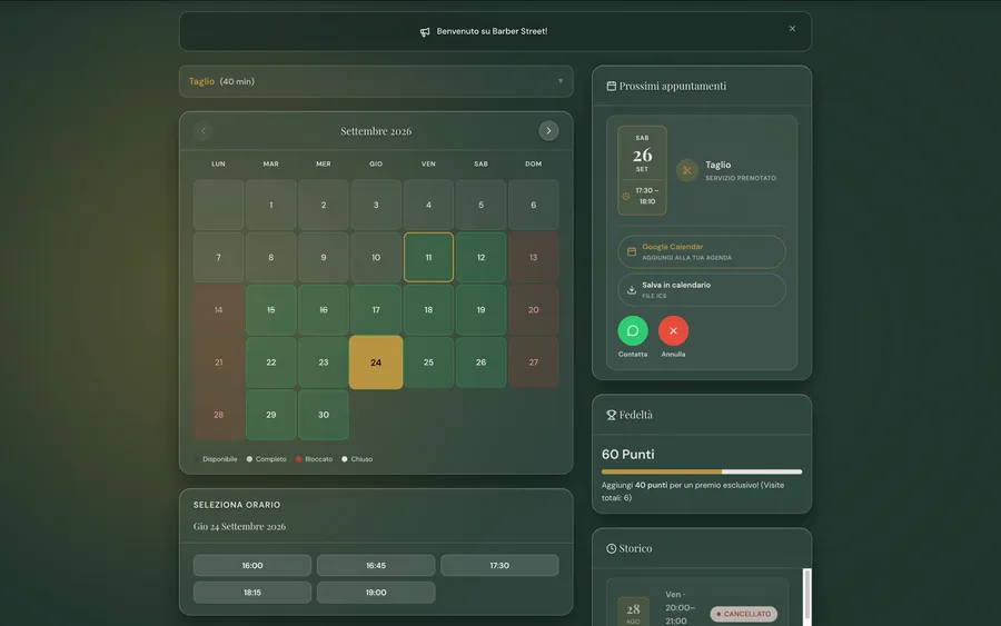 Calendario di prenotazione con giorni disponibili, orari liberi e punti fedeltà del cliente