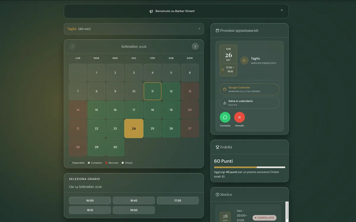 Calendario di prenotazione con giorni disponibili, orari liberi e punti fedeltà del cliente
