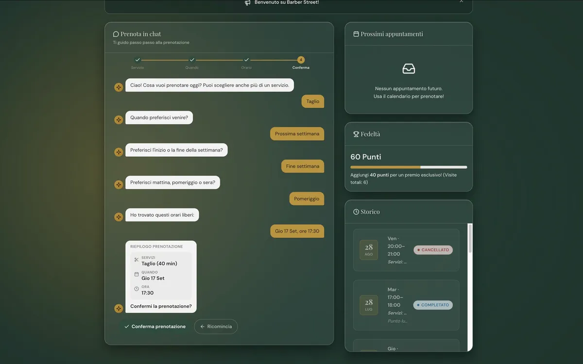 Prenotazione tramite chat guidata che chiede servizio, giorno e fascia oraria e propone gli orari liberi